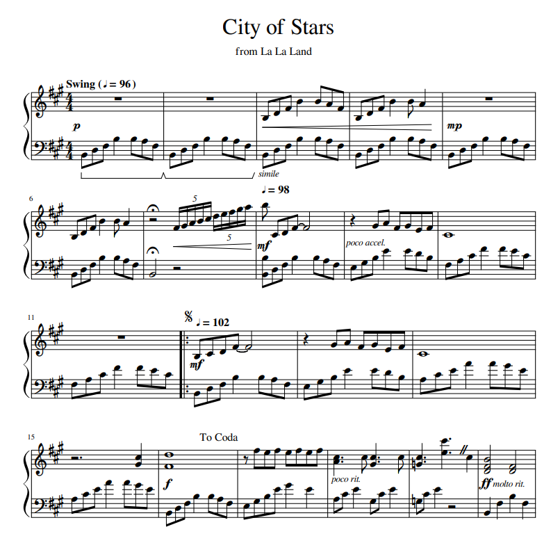 City of Stars - from La La Land sheet music for piano